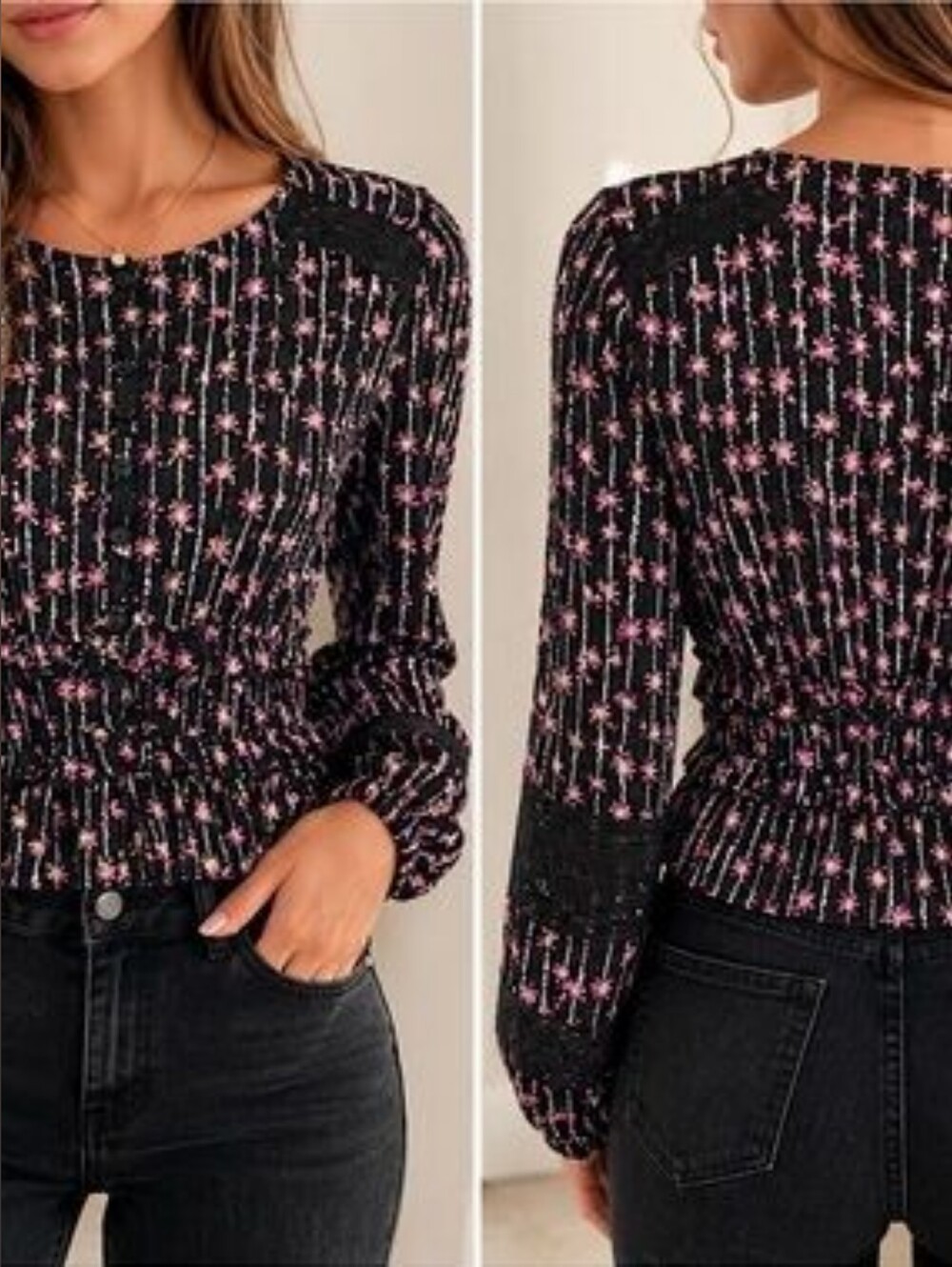 EN/KAY Smocked Black V-Neck Peplum Blouse with Pink Floral Print